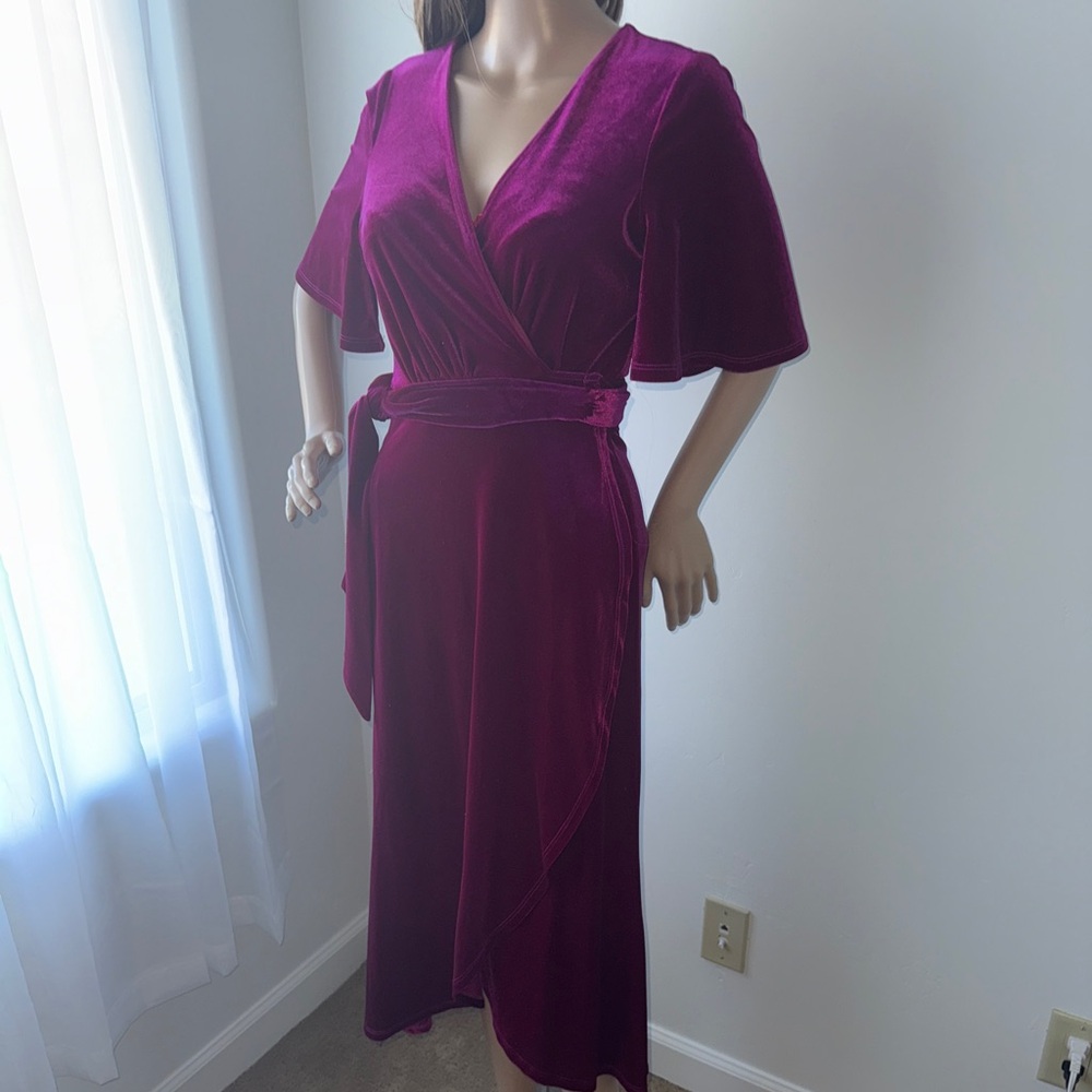 Lovers + Friends Fuchsia Velvet Wrap Midi Dress